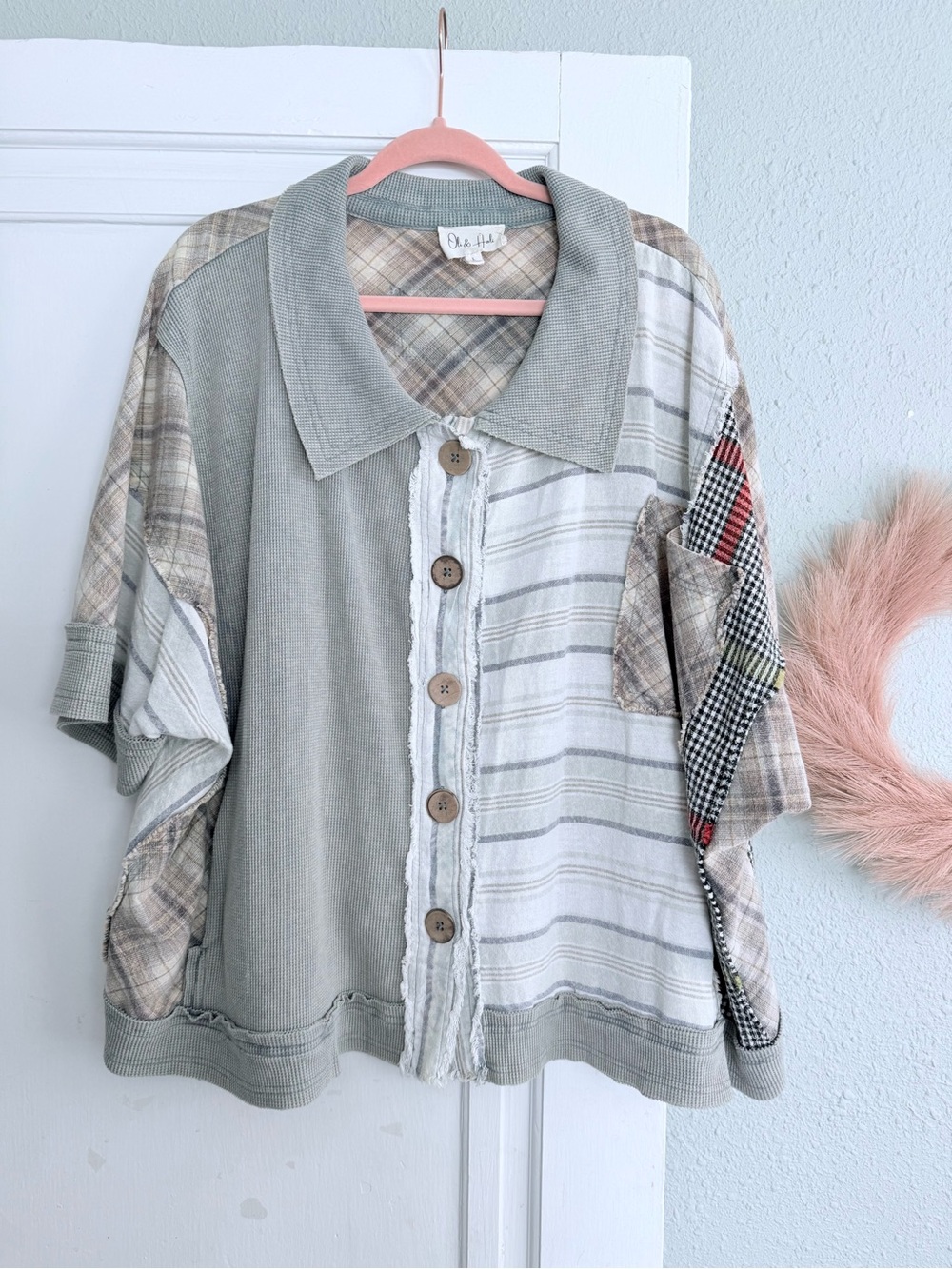 Oli & Hali Sage Green Patchwork Button-Front Top